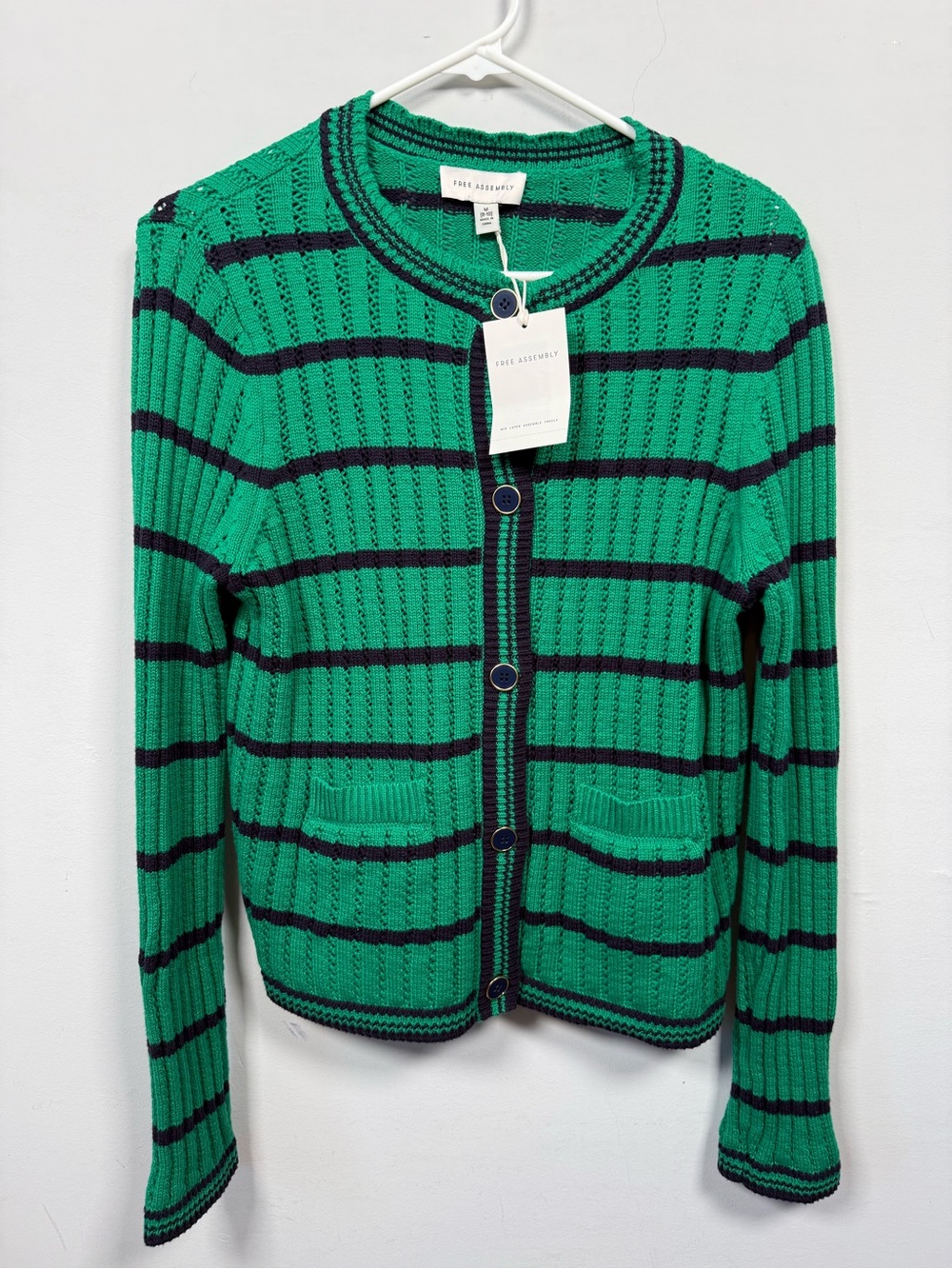Free Assembly 100% Cotton Cardigan Green Blue Striped NWT Size M